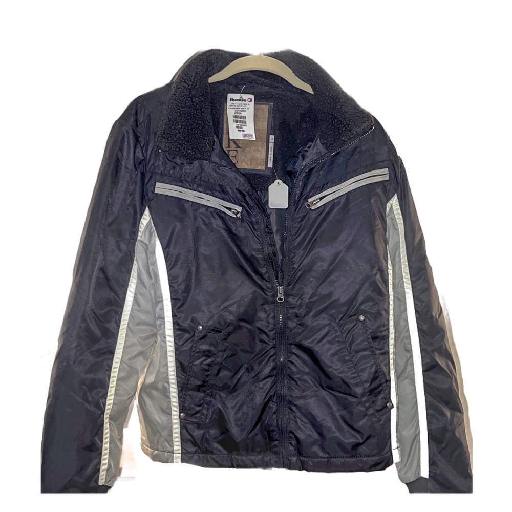 Buckle black and grey flight satin sherpa jacket, new with tags, men’s medium